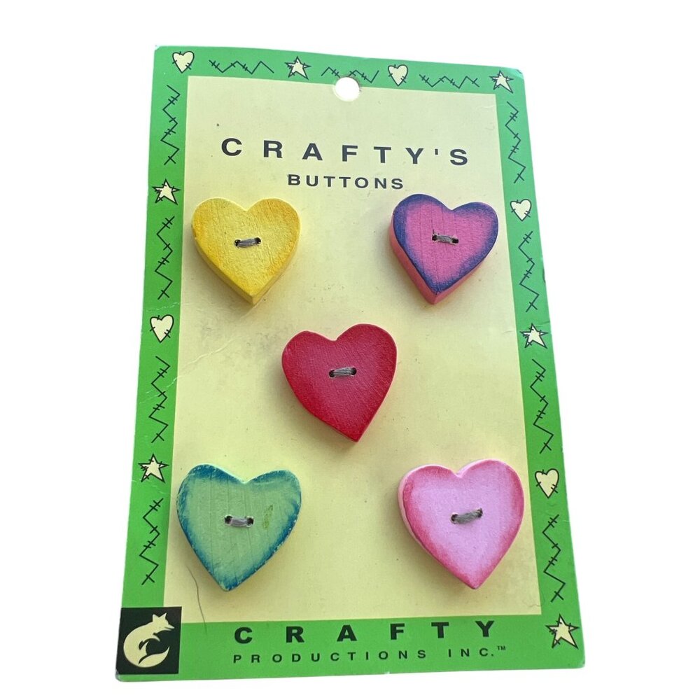 Vintage 2002 Craftys Heart Shaped Decorative Buttons Multi-Color Pack Of 5 Wood